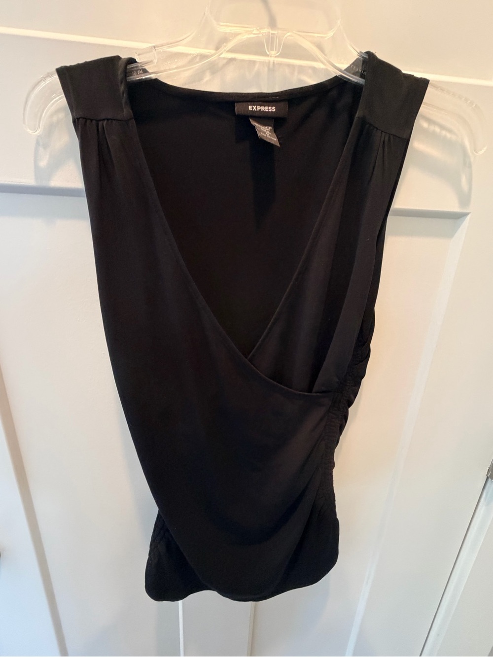 Express Women’s Medium Black Surplice Wrap Ruched Sleeveless Blouse Top
